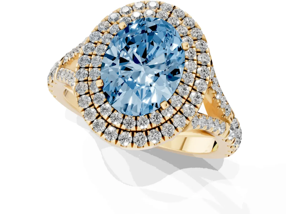 Fancy Blue Double Halo Oval Cut Diamond Split Shank Engagement Ring with Four-Prong Setting Yellow gold