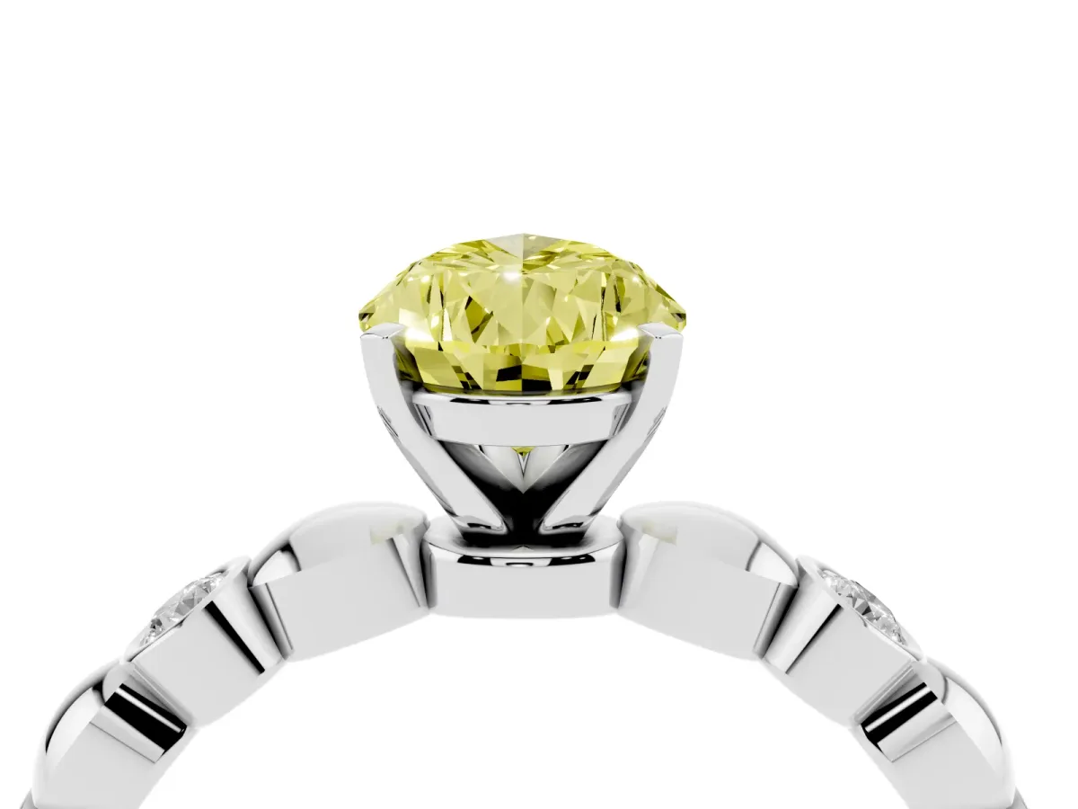 Fancy Yellow Pear Cut Solitaire Bezel-Set Diamond Ring with Beaded Band and Four-Prong Setting Silver