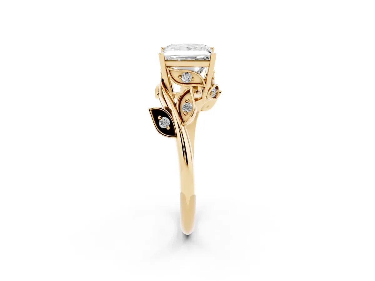 Princess Cut Solitaire Twist Engagement Ring with Leaf Accents and Prong Setting Yellow gold