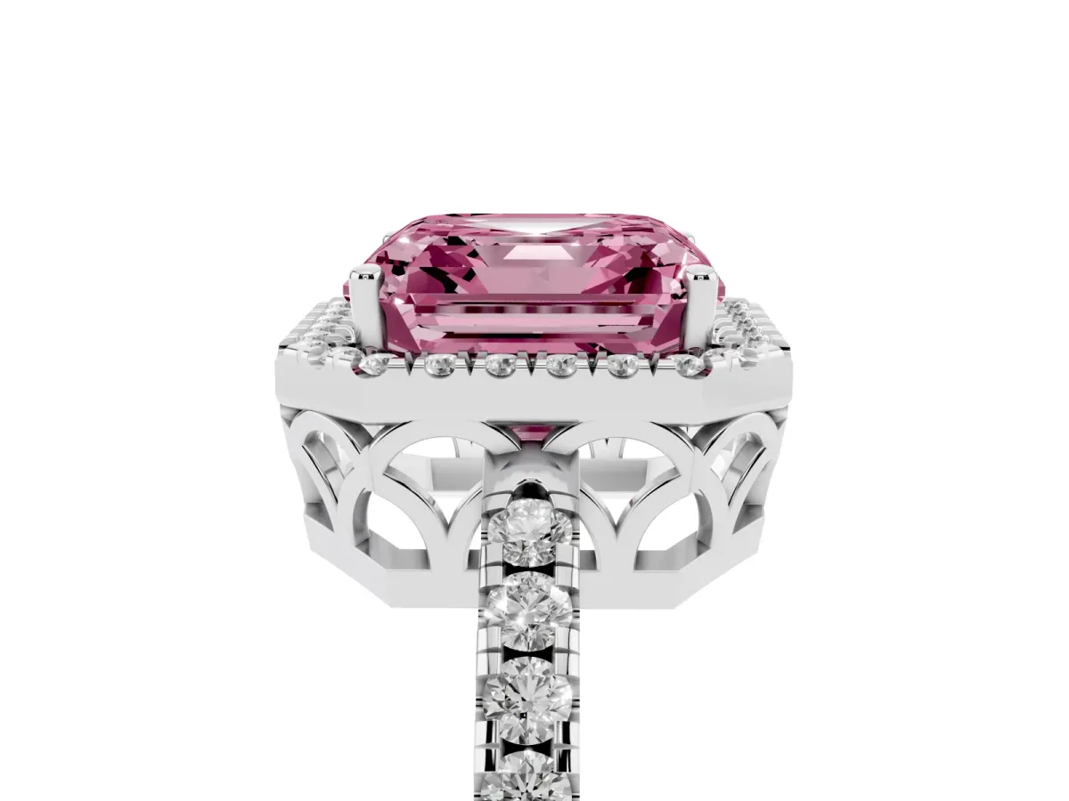 Fancy Pink Asscher Cut Halo Diamond Engagement Ring with Pavé Band and Four-Prong Setting Platinum