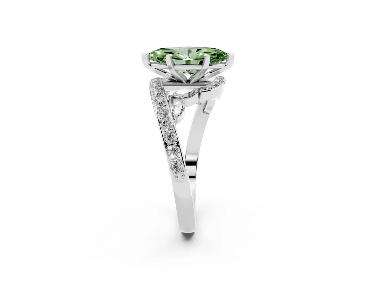 Fancy Green Marquise Cut Solitaire with Pavé Twist Band and Four-Prong Setting White gold