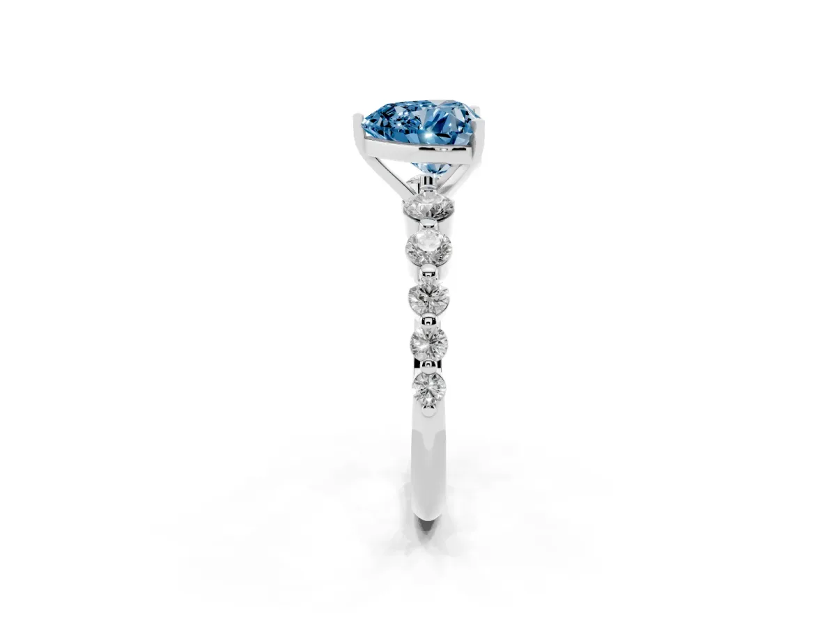 Fancy Blue Heart Cut Solitaire Diamond Ring with Pave Band and Four-Prong Setting Silver