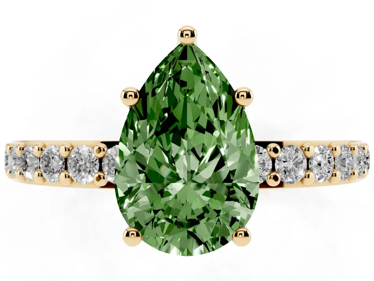 Fancy Green Pear Cut Cut Diamond Solitaire with Pave Band and Four-Prong Setting Yellow gold