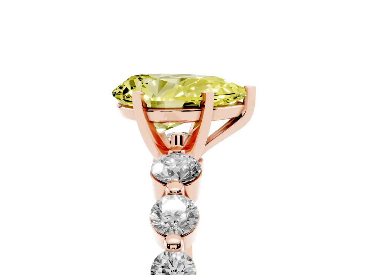 Fancy Yellow Pear Cut Solitaire Diamond Ring with Pave Band and Four-Prong Setting Rose gold