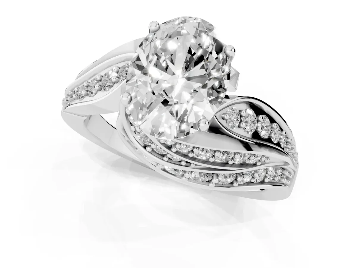 Oval Cut Diamond Solitaire Ring with Prong Setting and Twisted Pavé Band Silver