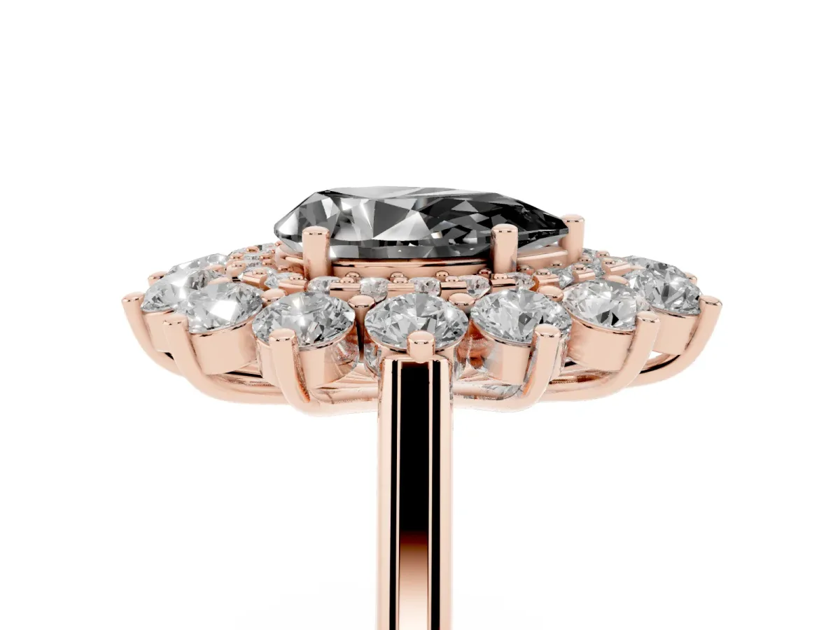Fancy Black Pear Cut Diamond Floral Double Halo Engagement Ring with Prong Setting Rose gold