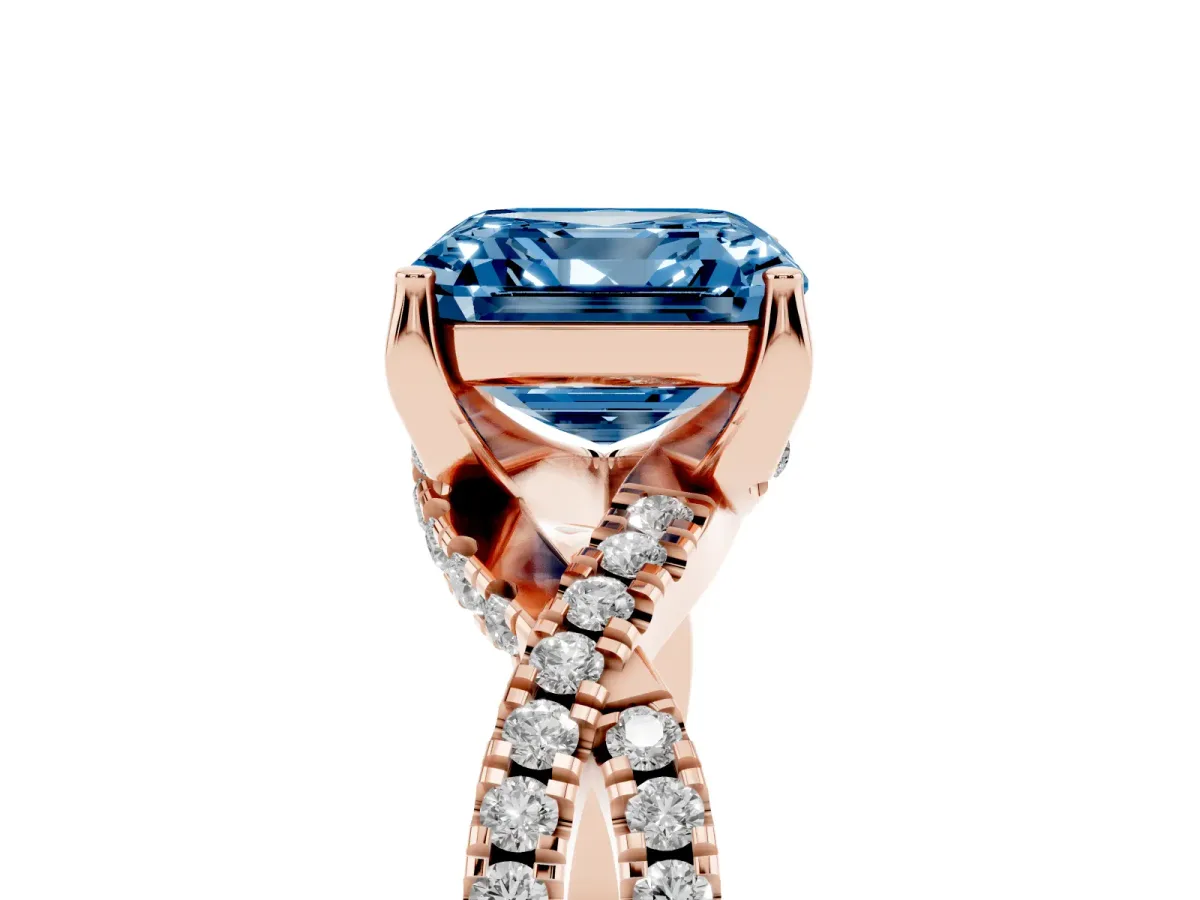 Fancy Blue Asscher Cut Solitaire Twist Pave Diamond Engagement Ring with Prong Setting Rose gold