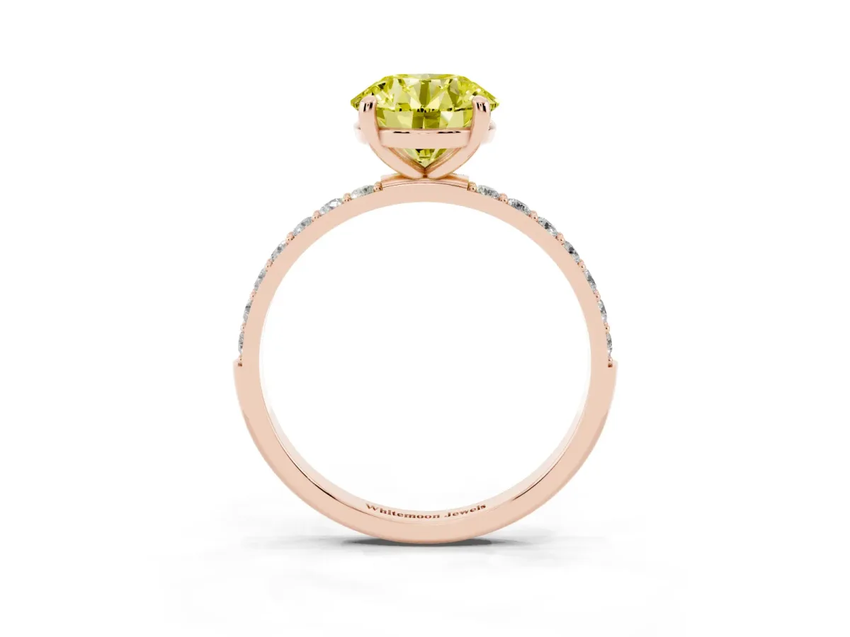 Fancy Yellow Round Cut Diamond Solitaire Ring with Round Pavé Band and Prong Setting Rose gold
