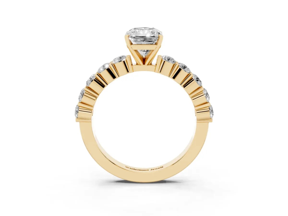 Radiant Cut Diamond Solitaire Ring with Shared Prong Round Side Stones Yellow gold