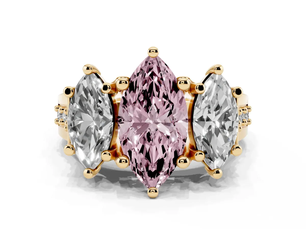 Fancy Pink Marquise Cut Diamond Three-Stone Ring with Channel Set Band and Four-Prong Setting Yellow gold