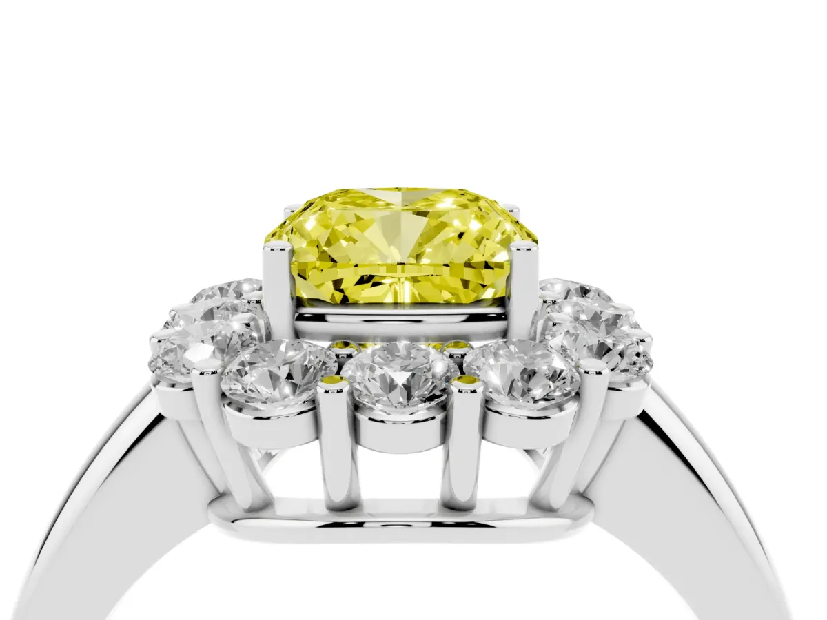 Fancy Yellow Cushion Cut Halo Cluster Diamond Engagement Ring with Prong Setting and Polished Band Silver