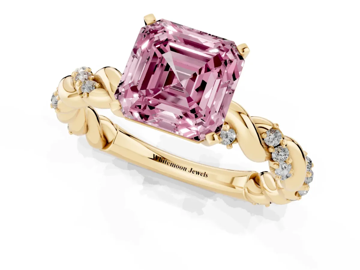 Fancy Pink Asscher Cut Diamond Solitaire Ring with Twisted Band and Pavé Accents Yellow gold