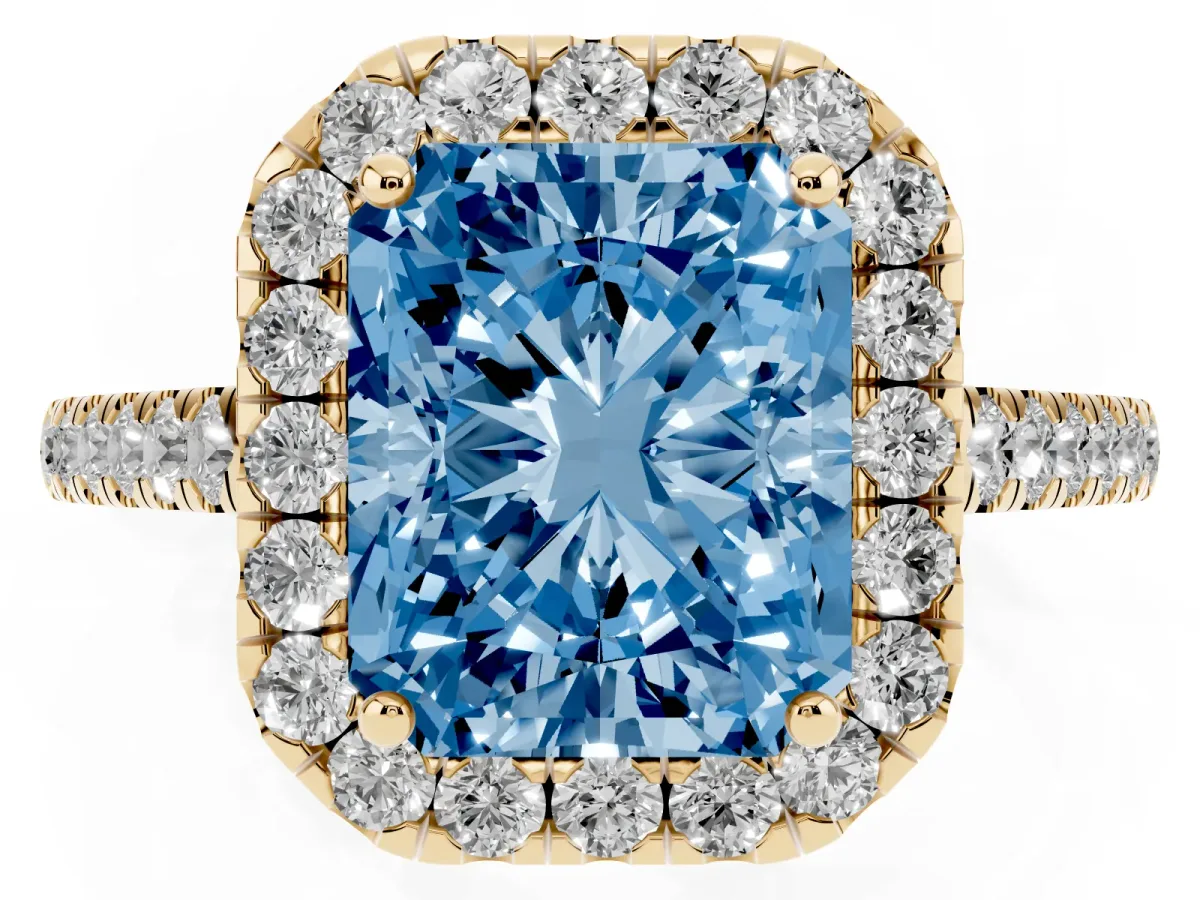 Fancy Blue Radiant Cut Halo Pave Diamond Engagement Ring with Four-Prong Setting Yellow gold