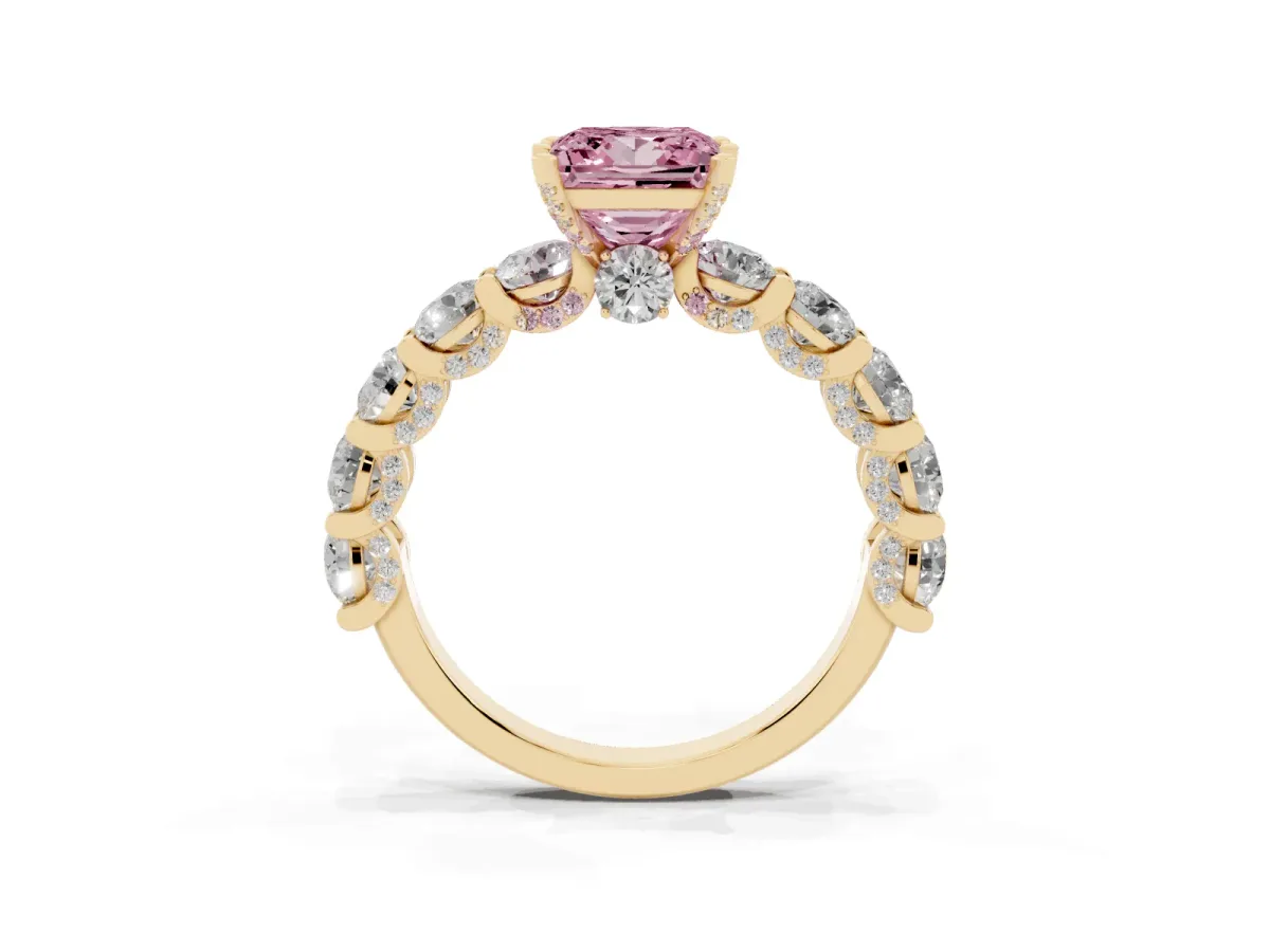 Fancy Pink Princess Cut Diamond Side Stone Engagement Ring with Four-Prong Setting Yellow gold
