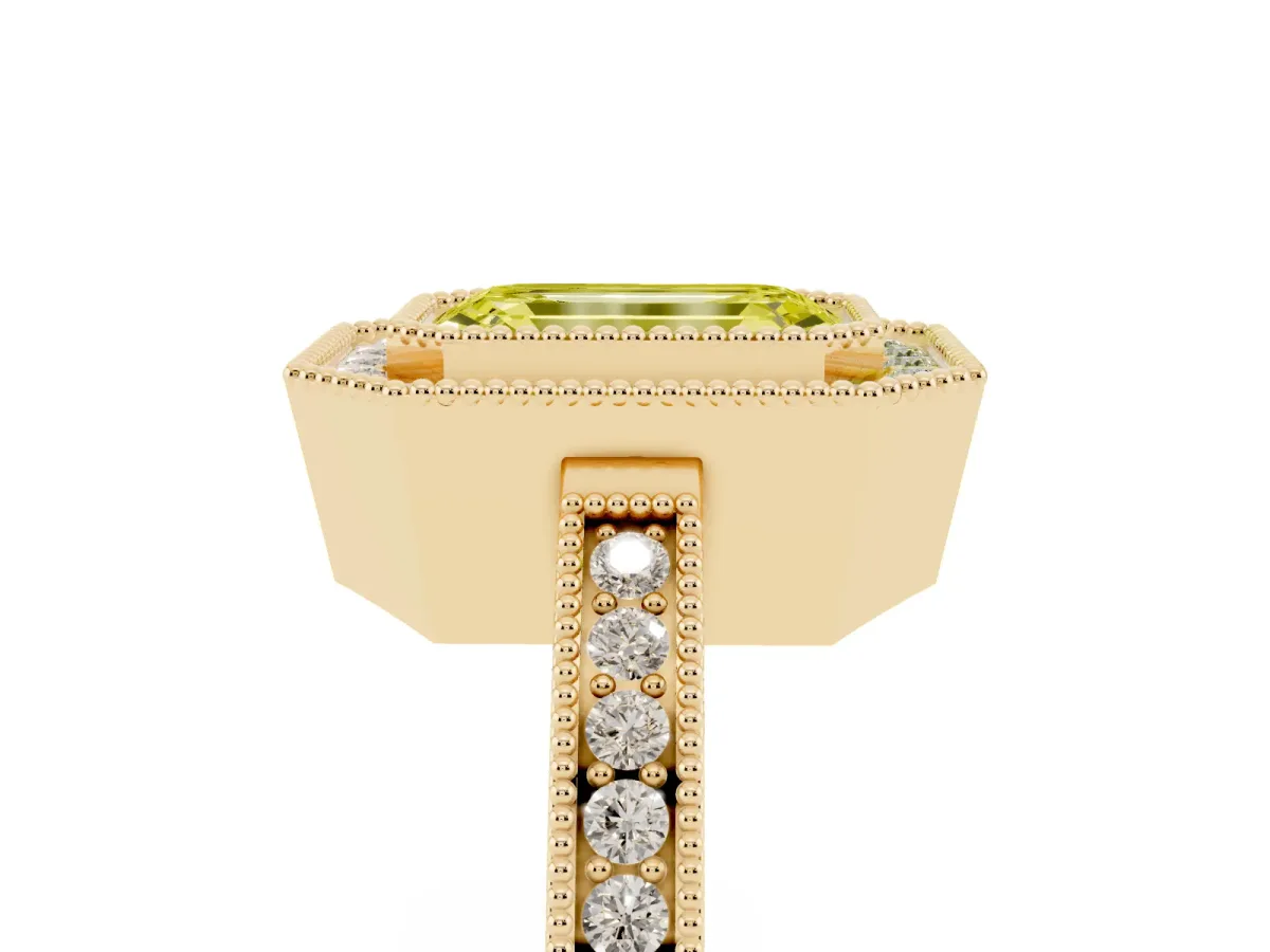 Fancy Yellow Emerald Cut Cut Halo Diamond Ring with Pavé Band and Milgrain Prong Setting Yellow gold