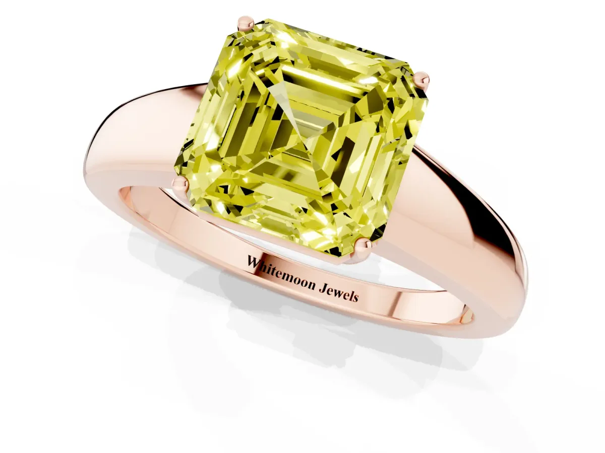 Fancy Yellow Asscher Cut Solitaire Diamond Ring with Tapered Band and Four-Prong Setting Rose gold