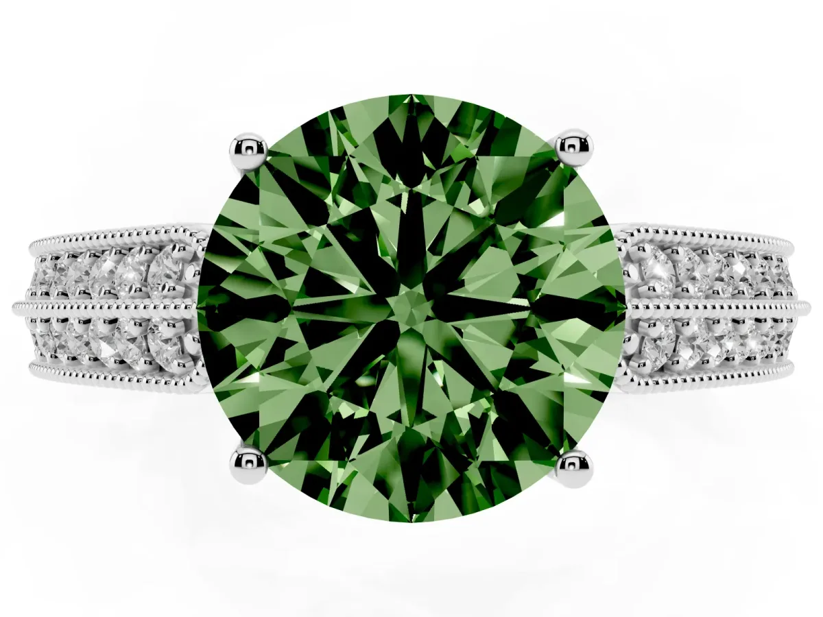 Fancy Green Round Cut Cut Pave Split Shank Engagement Ring with Four-Prong Setting White gold