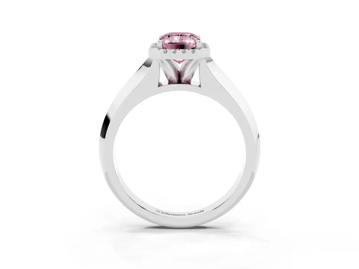 Fancy Pink Emerald Cut Halo Diamond Ring with Cathedral Band and Four-Prong Setting Silver