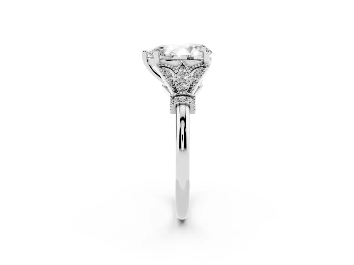 Pear Cut Diamond Solitaire Ring with Floral Filigree and Pave Accents Silver