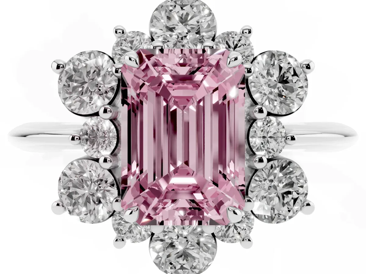 Fancy Pink Emerald Cut Diamond Cluster Halo Ring with Solitaire Band and Four-Prong Setting White gold