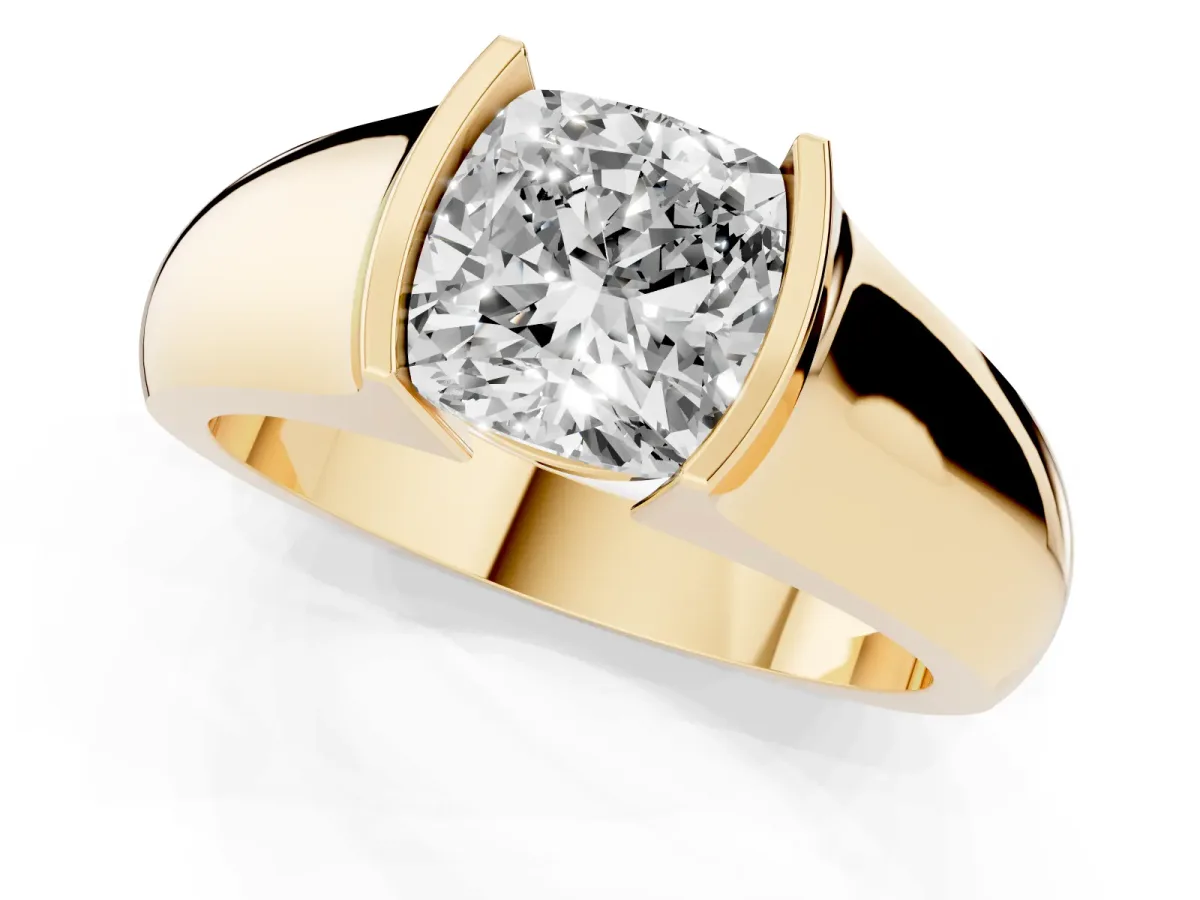Cushion Cut Solitaire Bezel Set Diamond Ring with Wide Band Yellow gold