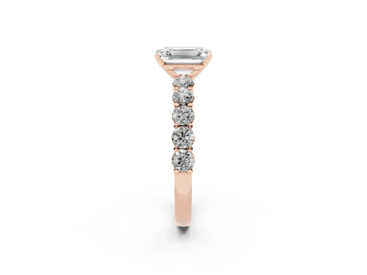 Emerald Cut Diamond Solitaire Ring with Shared Prong Round Side Stones Rose gold