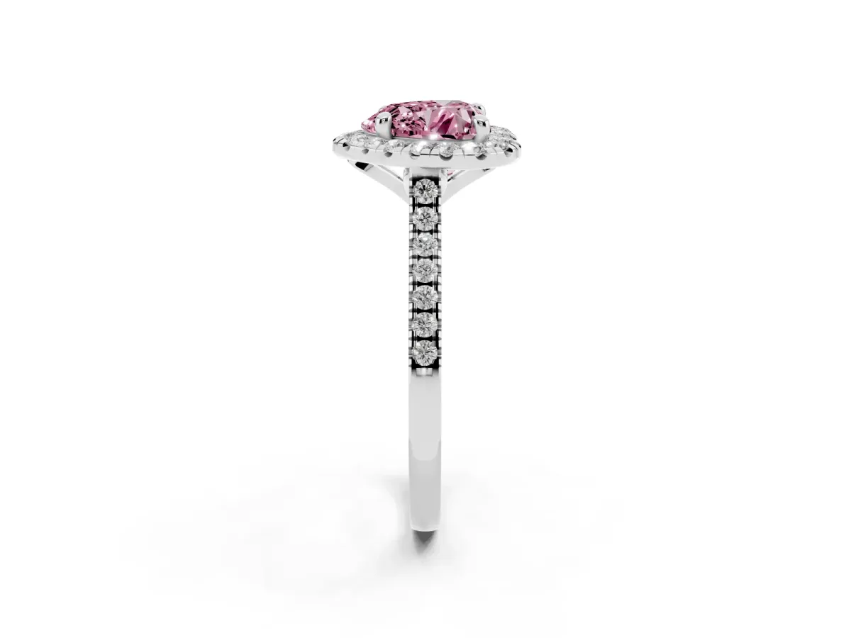 Fancy Pink Heart Cut Diamond Cushion Halo Ring with Pavé Band White gold