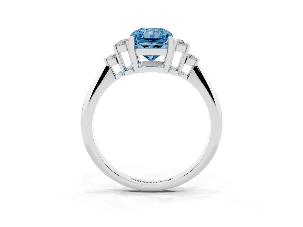 Fancy Blue Radiant Cut Cut Diamond Cluster Ring with Solitaire Band and Four-Prong Setting Silver