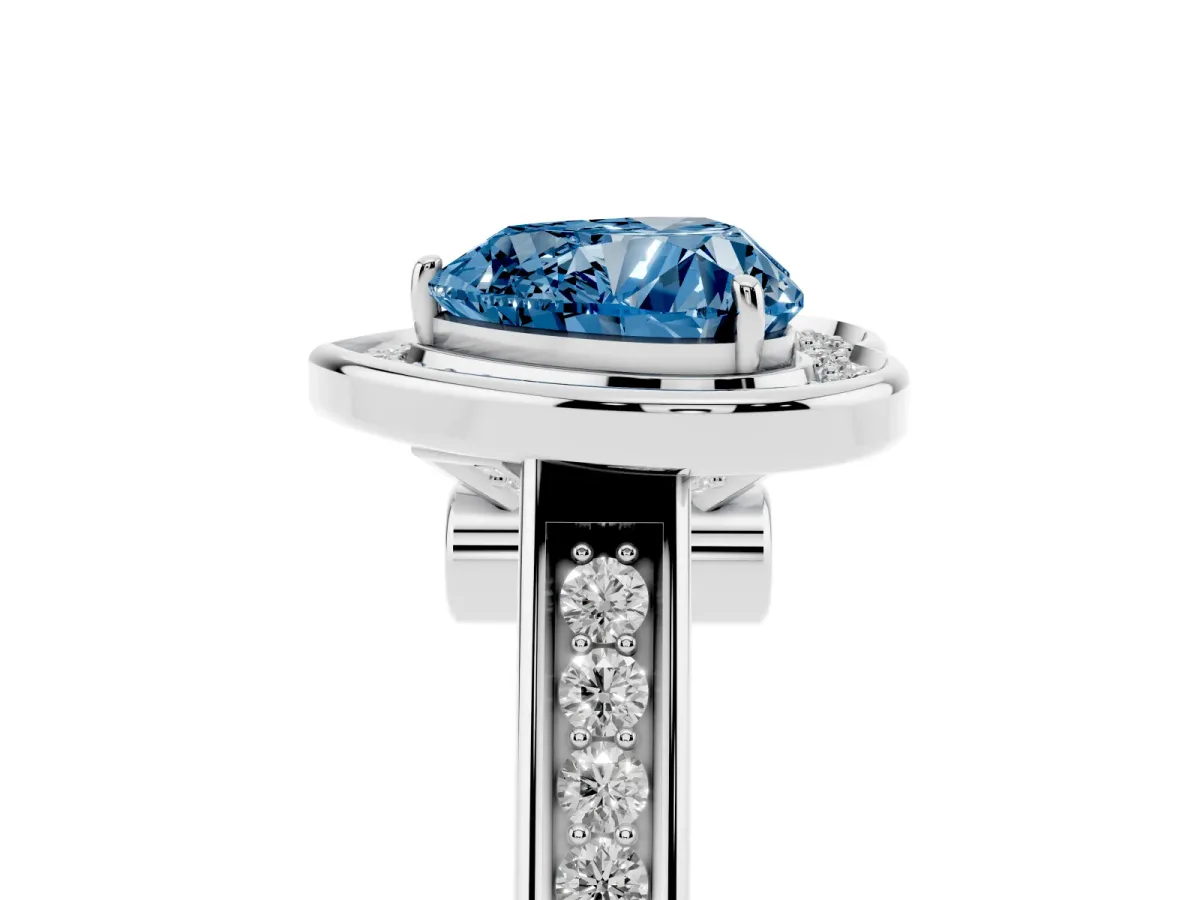 Fancy Blue Heart Cut Halo Solitaire Diamond Ring with Pave Band and Bezel Setting White gold