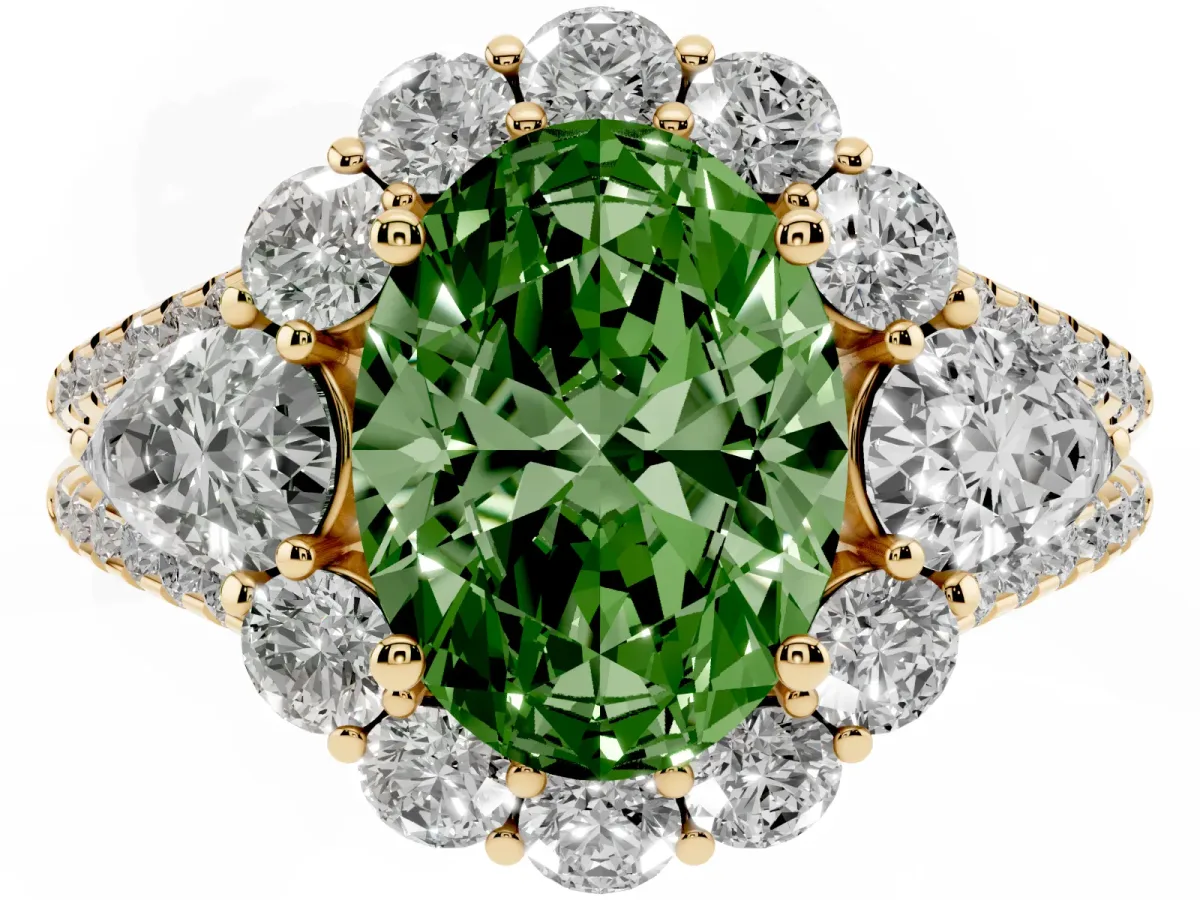 Fancy Green Oval Cut Halo Split Shank Diamond Engagement Ring with Prong Setting Yellow gold