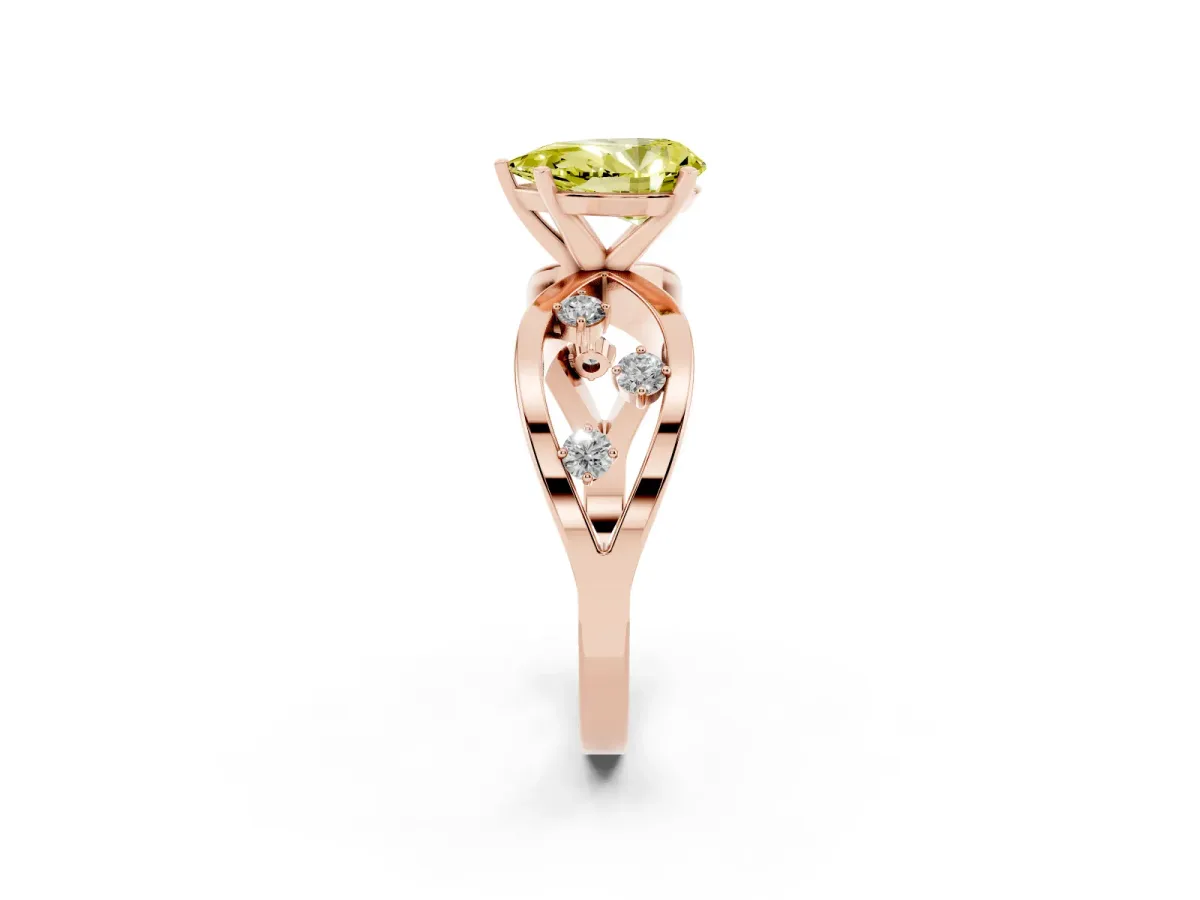 Fancy Yellow Pear Cut Cut Solitaire Diamond with Side Stones on Criss-Cross Band and Four-Prong Setting Rose gold