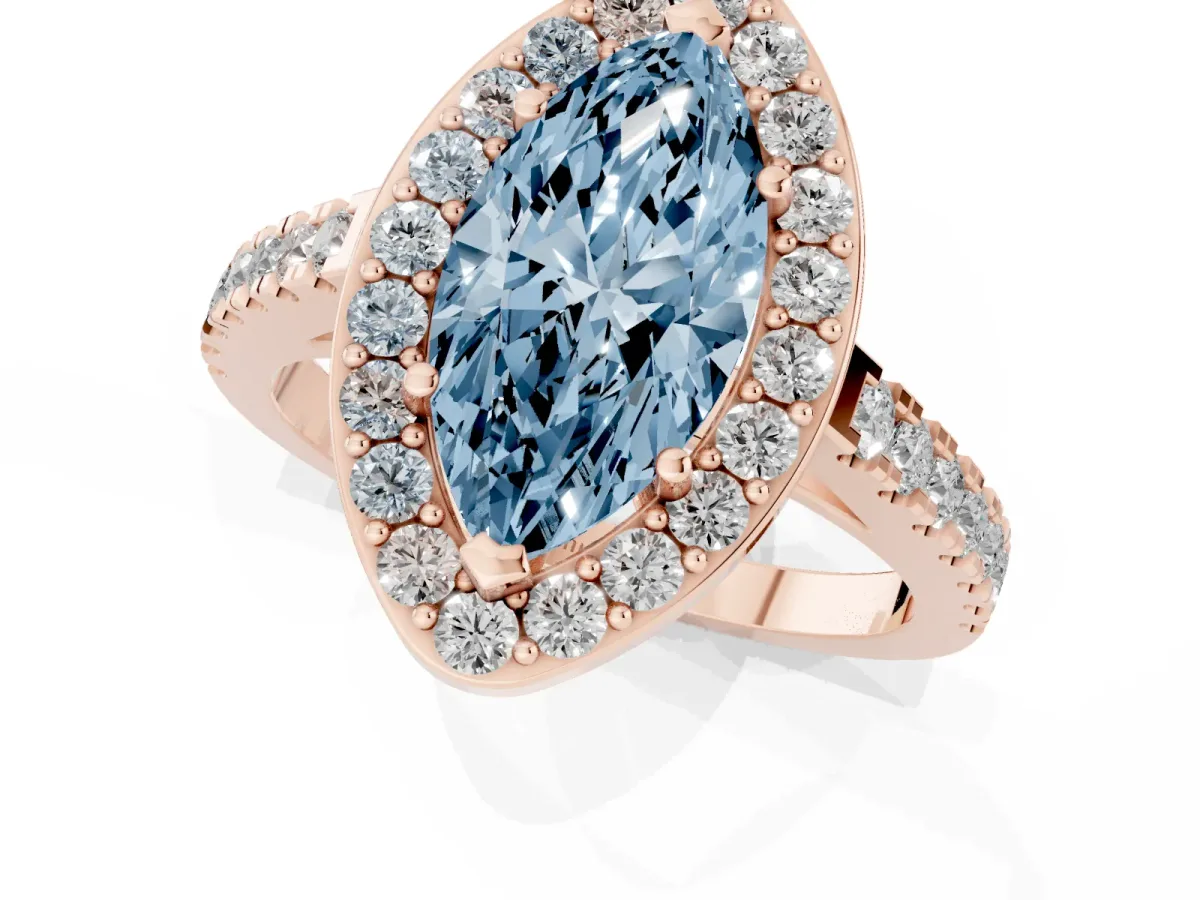 Fancy Blue Marquise Cut Diamond Halo Ring with Round Pavé Split Shank and Prong Setting Rose gold
