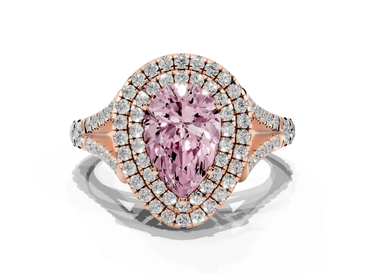 Fancy Pink Double Halo Pear Cut Diamond Split Shank Engagement Ring with Four-Prong Setting Rose gold
