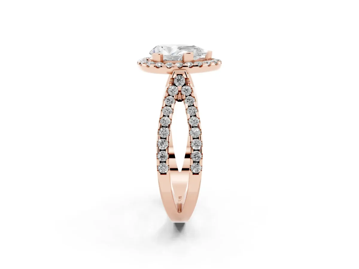 Pear Cut Diamond Halo Ring with Split Shank Pavé Band and Prong Setting Rose gold