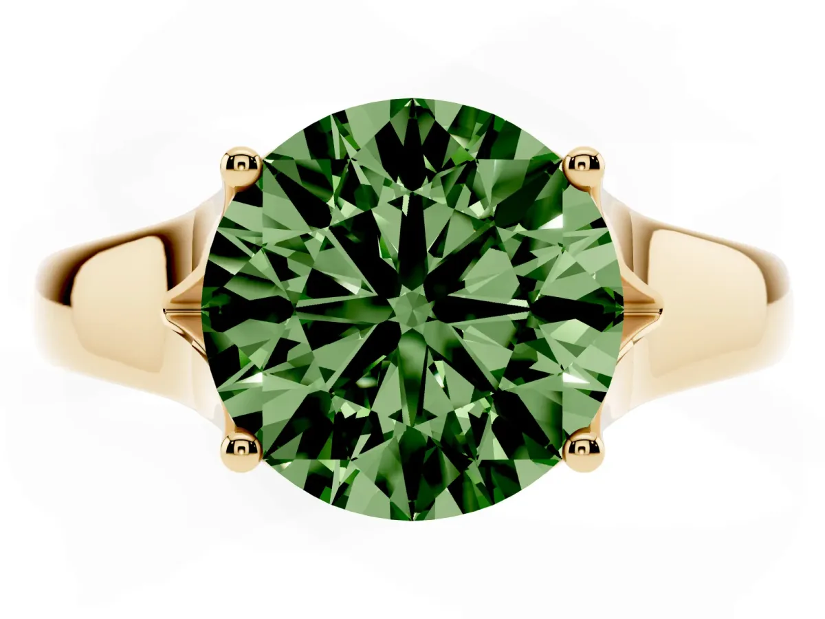 Fancy Green Round Cut Solitaire Diamond Ring with Cathedral Band and Four-Prong Setting Yellow gold
