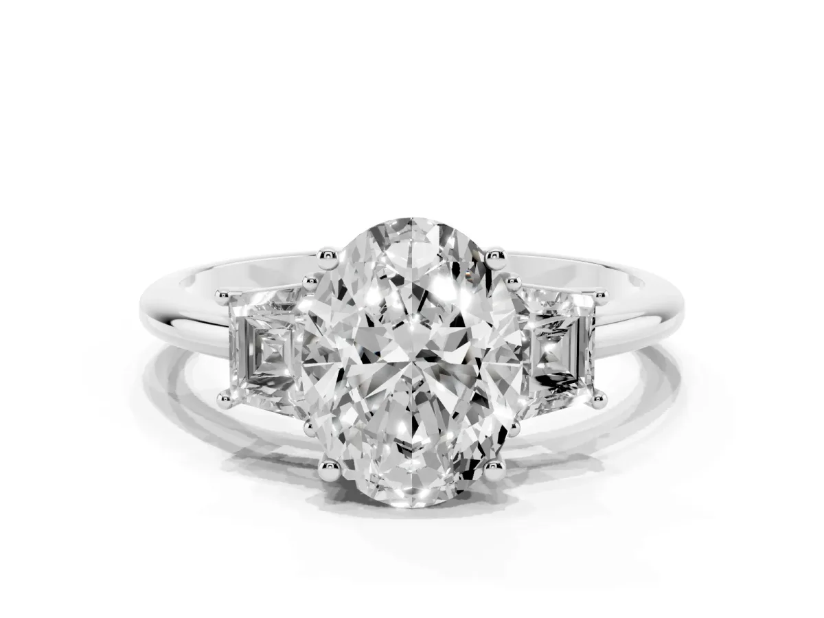 Oval Cut Diamond Three-Stone Ring with Trapezoid Side Stones and Prong Setting Platinum