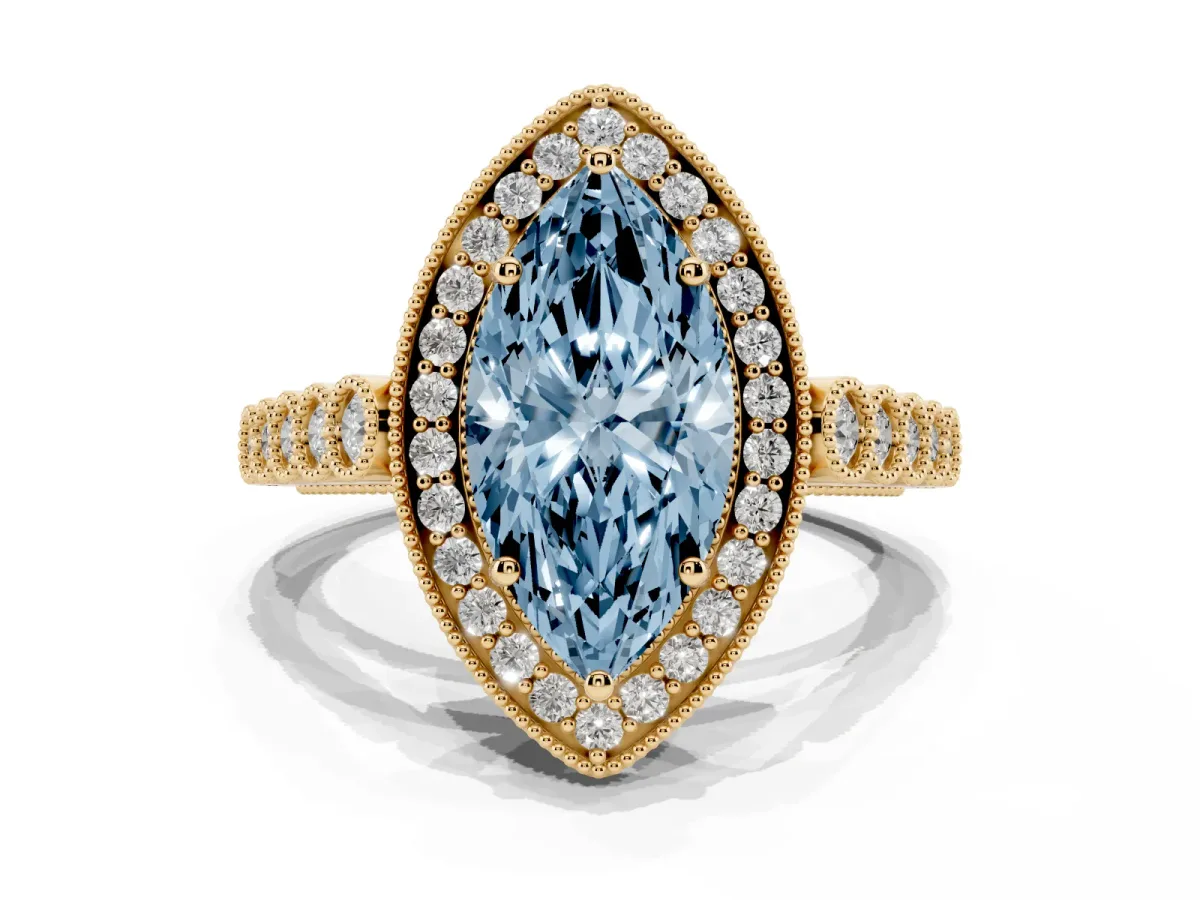 Fancy Blue Marquise Cut Halo Milgrain Solitaire with Bezel Set Side Stones and Pave Band Yellow gold