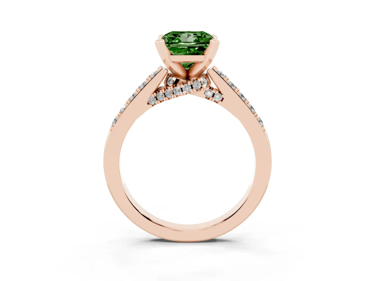 Fancy Green Princess Cut Diamond Solitaire Ring with Crossover Gallery and Round Pavé Band Rose gold