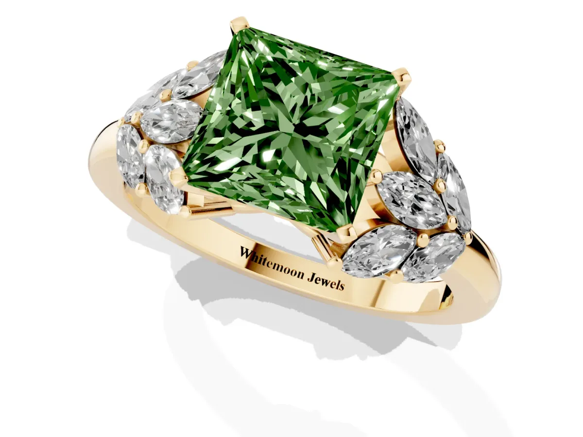 Fancy Green Princess Cut Diamond Cluster Leaf Design Ring with Prong Setting Yellow gold