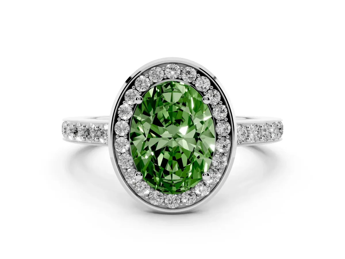 Fancy Green Oval Cut Diamond Halo Ring with Bezel Frame and Pavé Band Silver