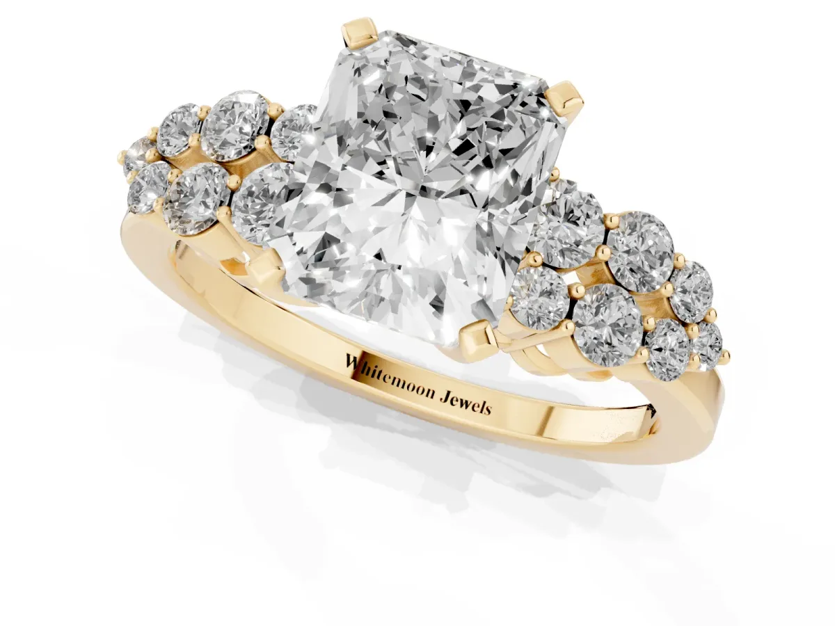 Radiant Cut Cluster Diamond Engagement Ring with Pavé Band and Four-Prong Setting Yellow gold