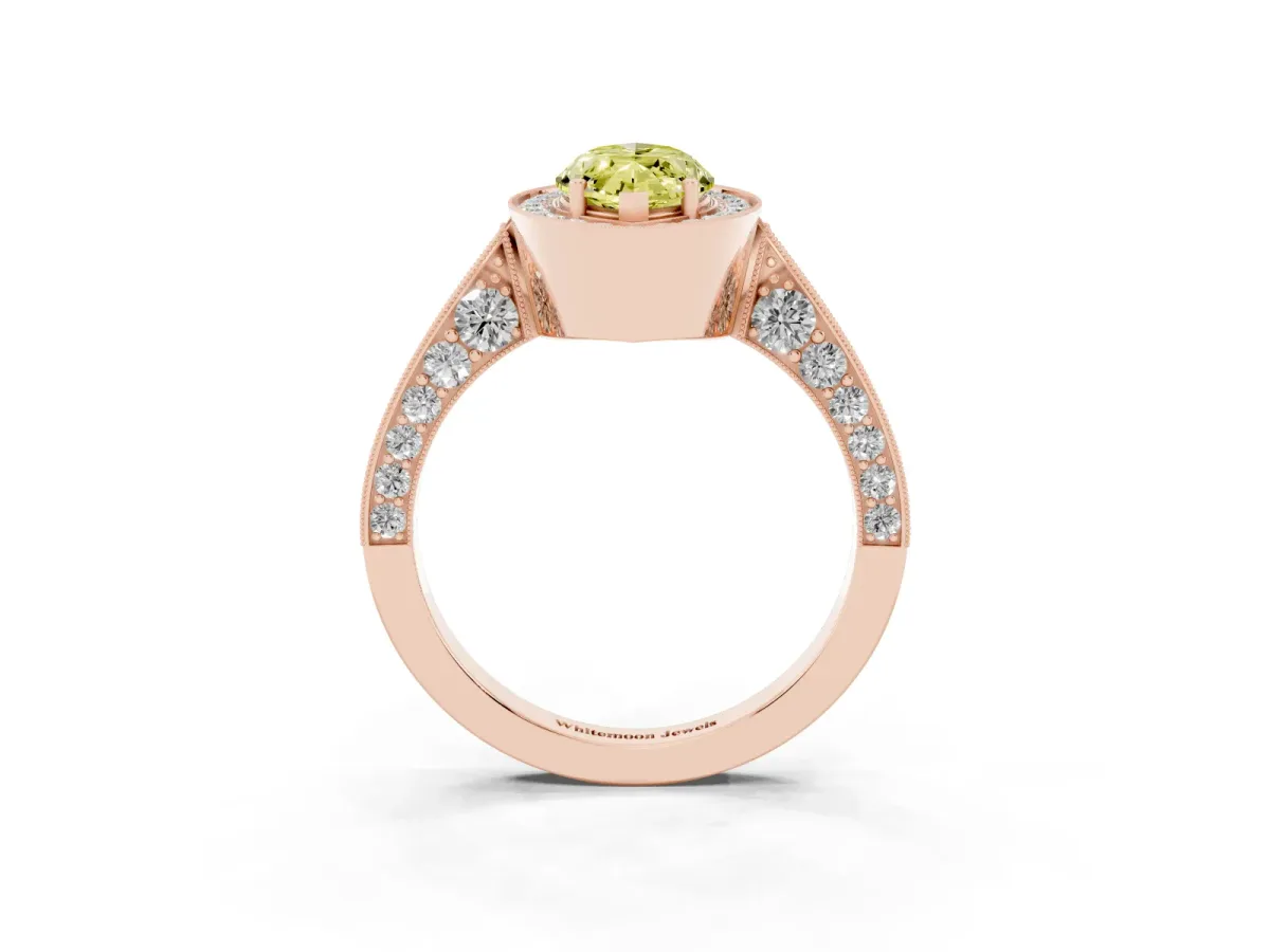 Fancy Yellow Marquise Cut Halo Diamond Engagement Ring with Split Shank Band and Four-Prong Setting Rose gold