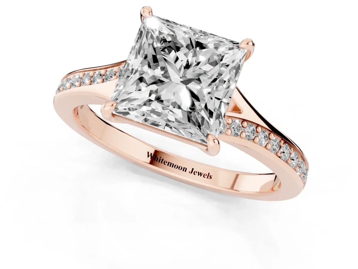Princess Cut Diamond Solitaire Ring with Pavé Band and Prong Setting Rose gold