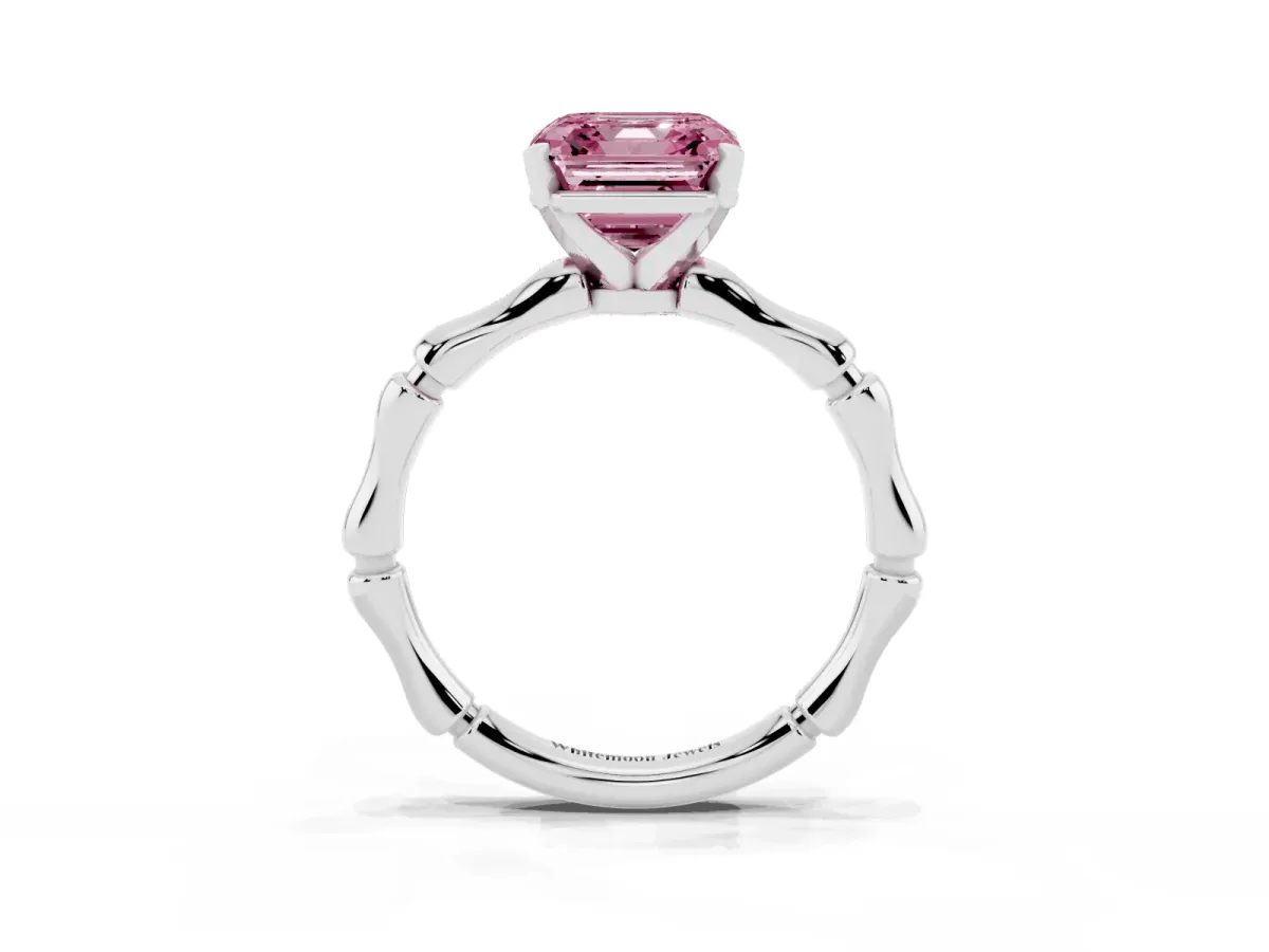 Fancy Pink Asscher Cut Solitaire Diamond Ring with Bamboo Band and Four-Prong Setting Silver