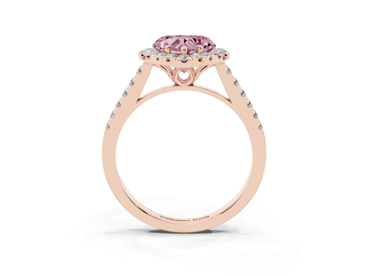 Fancy Pink Heart Cut Halo Pavé Diamond Engagement Ring with Four-Prong Setting Rose gold