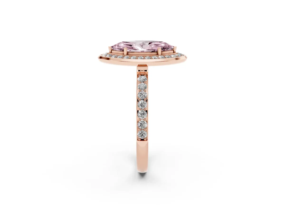 Fancy Pink Marquise Cut Diamond Halo Ring with Bezel Frame and Pavé Band Rose gold