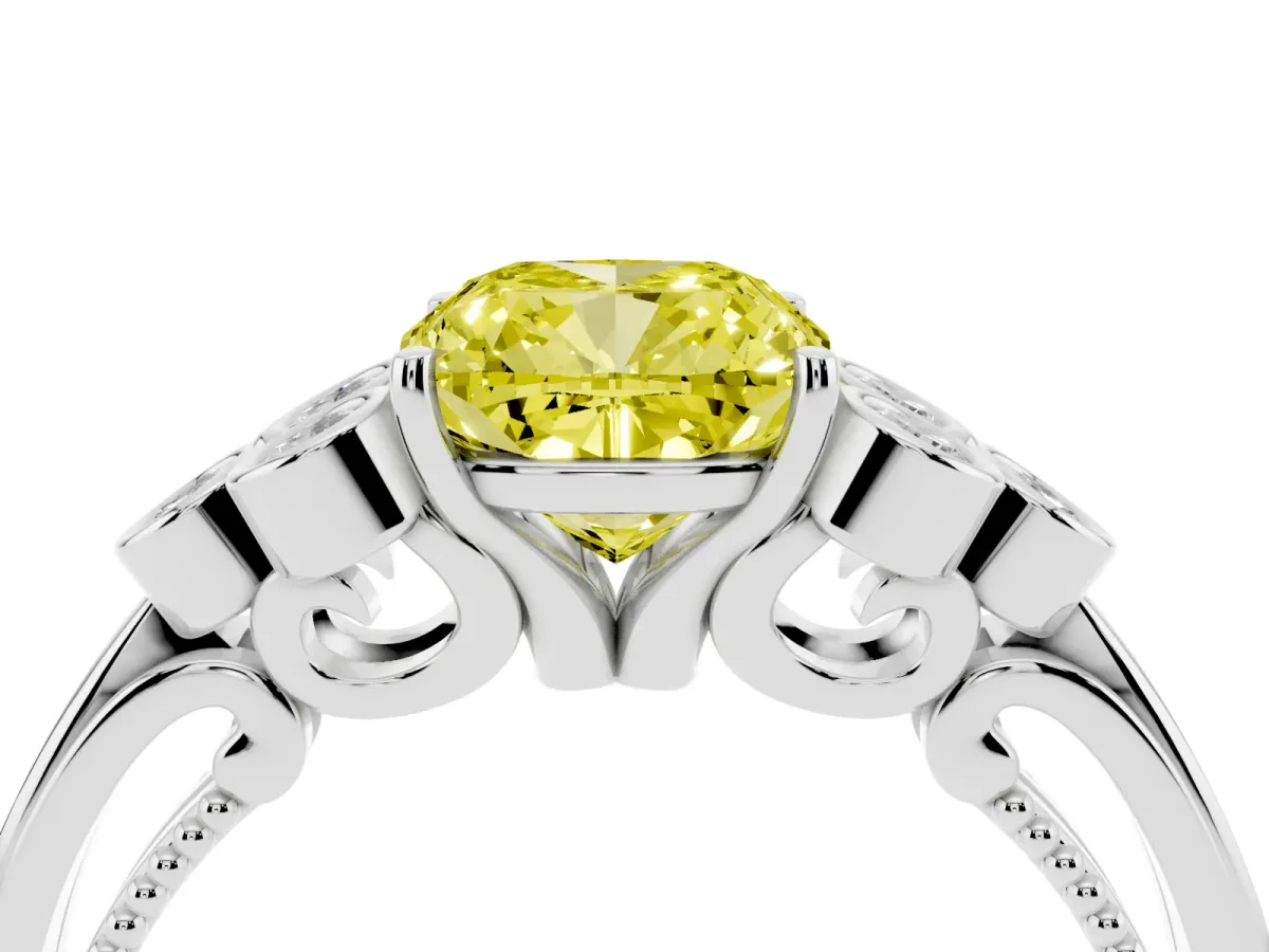 Fancy Yellow Cushion Cut Cut Diamond Engagement Ring with Bezel Set Round Side Stones and Prong Setting Platinum