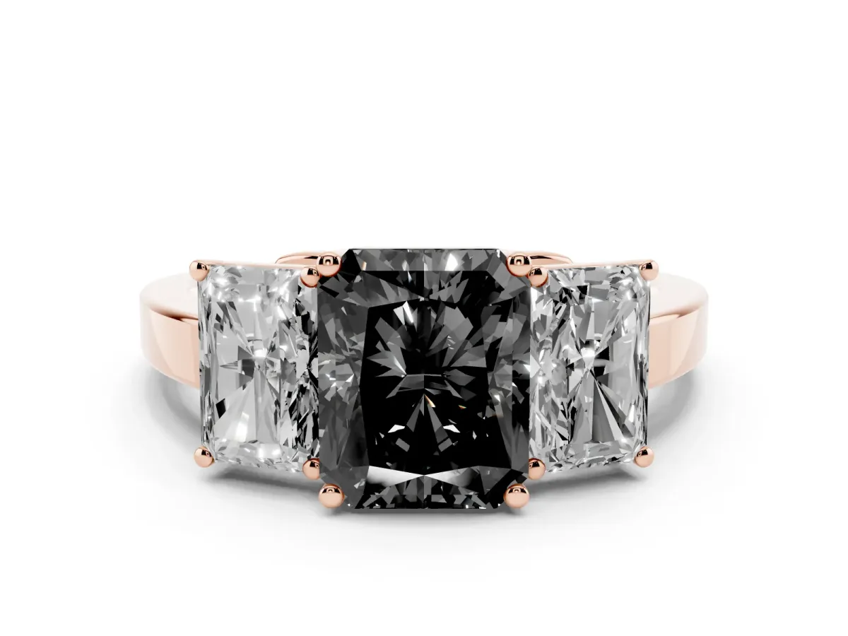 Fancy Black Three-Stone Radiant Cut Cut Diamond Engagement Ring with Flat Band and Four-Prong Setting Rose gold