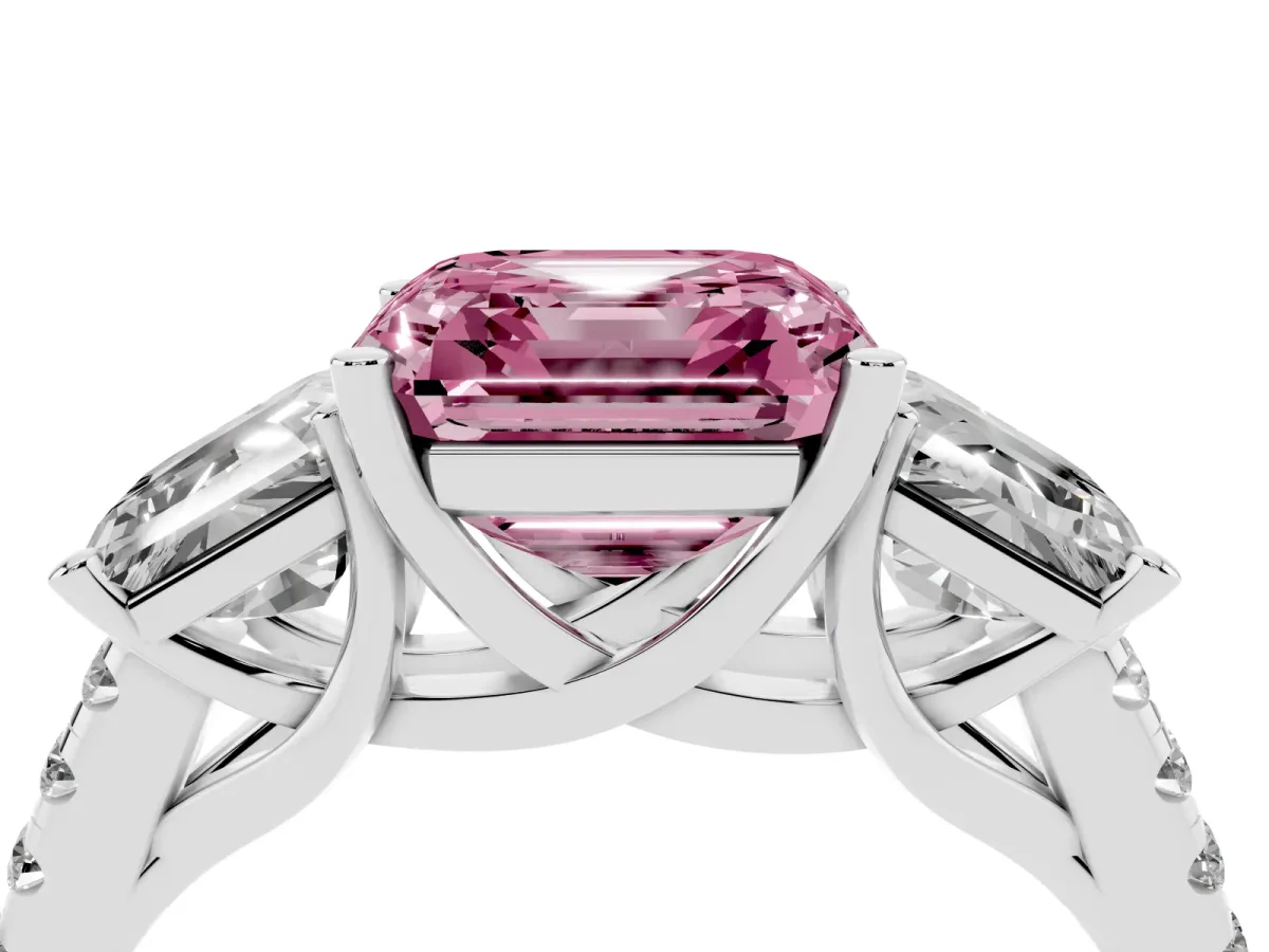 Fancy Pink Three-Stone Asscher Cut Diamond Ring with Round Pavé Band and Prong Setting Silver