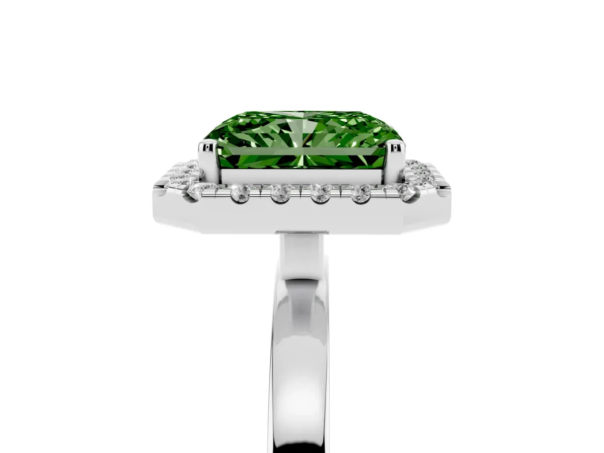 Fancy Green Radiant Cut Halo Diamond Solitaire with Pavé Band and Four-Prong Setting Platinum